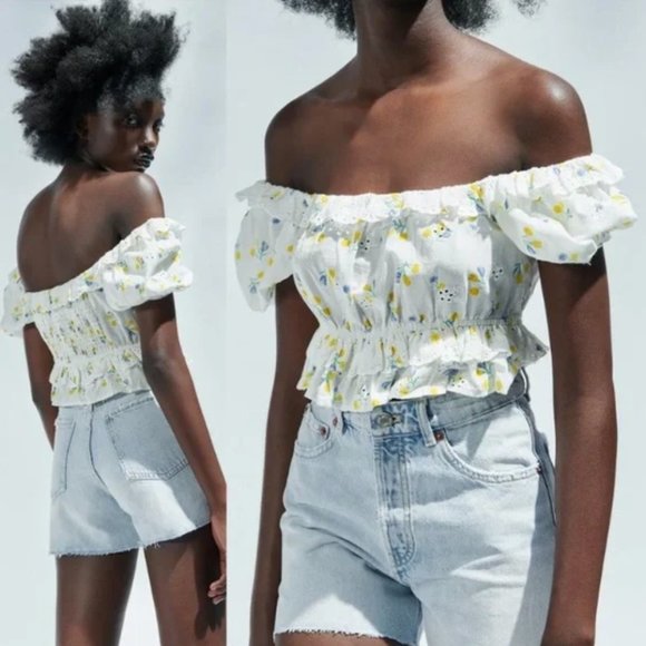 NEW Zara Floral Embroidered Eyelet Ruffle Crop Top - Picture 4 of 7